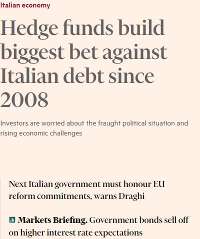 Financial Times: da hedge fund più grande scommessa contro debito italiano da 2008