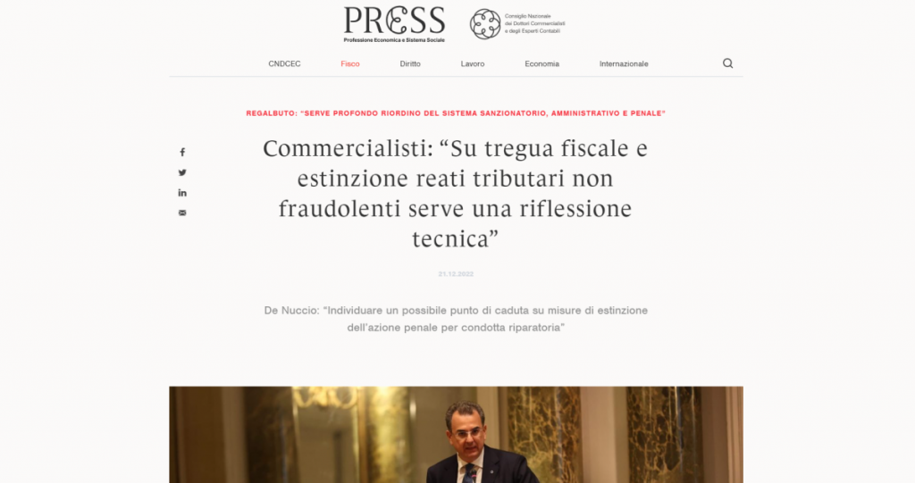 De Lise (commercialisti): Estinzione reati non fraudolenti strategica per obiettivi della tregua