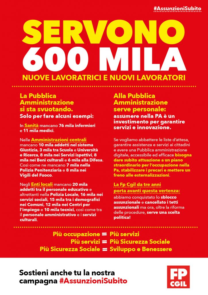 Rapporto Fp Cgil: 1 milione e 200 mila assunzioni per salvare i servizi ai cittadini