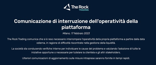 Criptovalute, l’exchange italiano The Rock Trading sospende le attività
