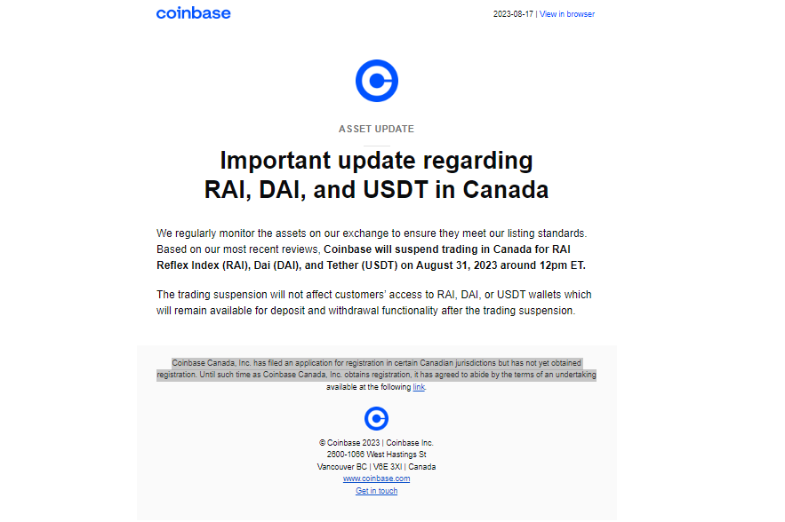 Coinbase sospenderà il trading di USDT per gli utenti canadesi